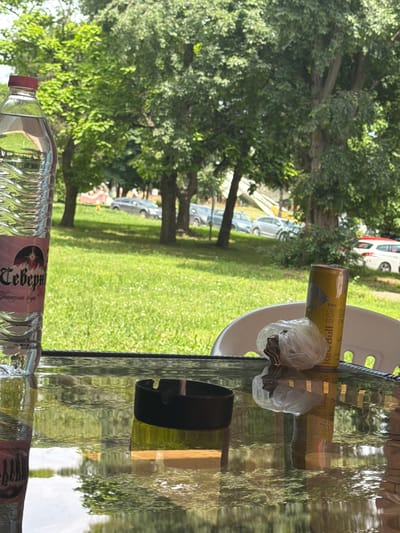 The image depicts a scene outdoors, likely a backyard or garden, in Dolna Mitropolia, Bulgaria. In the foreground, on a glass table, are a plastic bottle of "Ceberna" mineral water, an ashtray, and a can of "Red Bull The Summer Edition" with two plastic bags tied around it. In the background, there is a green lawn, trees, and parked cars. A white plastic chair is also partially visible behind the can.