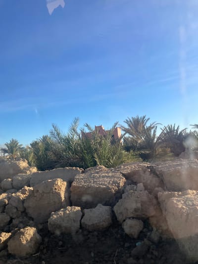 Bright blue sky occupies most of the frame. Below, palm trees provide a leafy transition to a rough, tan wall. The wall is constructed of large, uneven stones. A reddish-brown building is partially visible amidst the palms. The overall impression is one of arid landscape and sturdy architecture. The composition is shot from a low angle, emphasizing the height of the trees.