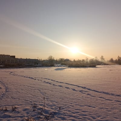 A winter landscape shows a snow-covered field with distant buildings and trees. The sun shines brightly, casting long rays across the scene. Footprints mark paths in the snow, leading towards a small structure resembling a gazebo surrounded by reeds. The horizon is hazy, blending the sky and landscape into a soft, muted palette of whites, yellows, and blues. Sparse vegetation is visible in the foreground.