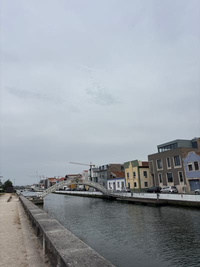 The image shows a canal in Aveiro, Portugal, with buildings lining the right bank and a paved walkway and stone wall on the left. The canal is calm and reflects the overcast sky. Several buildings of various architectural styles and colors are visible, including some with traditional blue and white tile facades. A white arched bridge spans the canal in the mid-ground, connecting the two sides. In the background, construction cranes indicate ongoing development. Cars are parked along the street behind the buildings on the right. The overall impression is a picturesque urban waterway scene under a cloudy sky.