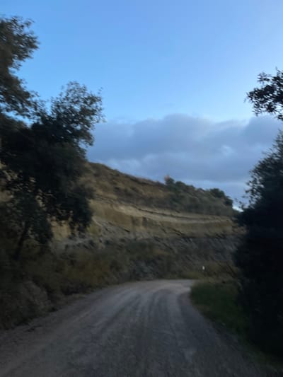 The image captures a rural, natural landscape, likely in the region of Montalcino, Italy. The scene is dominated by a towering, steep cliff face composed of light-colored rock or earth, which occupies the left side and center of the frame. Sparse green vegetation dots the cliff's surface and peaks along its top edge. On the right, a winding dirt or gravel road ascends, curving gently away from the viewer and disappearing towards the upper right. The road surface shows faint tracks, suggesting its use. Dark, dense foliage from trees frames the foreground, appearing in the bottom left and top left corners of the image, slightly obscuring parts of the sky and cliff. The sky, visible in the upper portion, transitions from a clear, pale blue on the far left to a large, heavy mass of dark grey clouds that stretch across the top and descend towards the cliff, indicating an overcast day or a weather front. The lighting is soft and subdued, suggesting either an early morning, late afternoon, or heavily clouded conditions. No people are visible, and there are no discernible man-made structures besides the road. The overall impression is one of quiet solitude within a rugged, natural environment. No text is visible in the image.