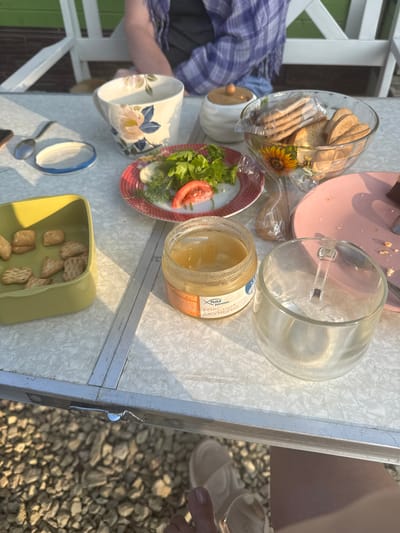 The image depicts a table set for a meal outdoors. On the table, there is a floral-patterned mug, a plate of salad with tomato and dill, a bowl of crackers, a small jar of honey, and a clear glass. A person's arm and shoulder are partially visible in the upper portion of the image, wearing a plaid shirt. The table is set on a surface covered with a patterned cloth, and the background suggests an outdoor setting with gravel on the ground and white chairs. The scene appears to be a casual outdoor meal or picnic. There is no visible information or context that would suggest the location is the city of Lyady, Russia.