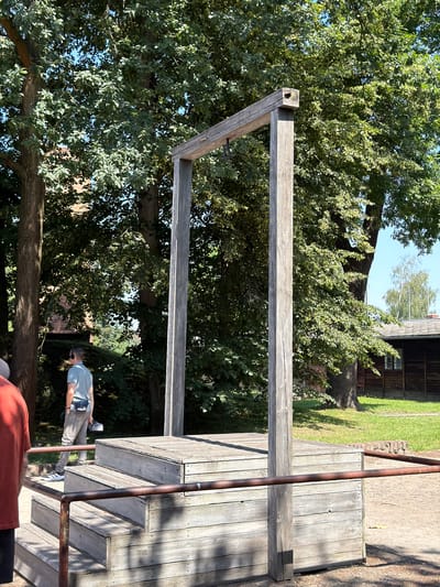 A person wearing a light blue t-shirt and grey pants with a fanny pack around their waist stands on a wooden platform. They are looking down at something in their hand. The platform has wooden steps leading up to it, and is supported by metal posts. In the background, there are trees with green leaves, a wooden building with a window, and a grassy area. The sun is shining, casting shadows on the wooden structure. The scene appears to be outdoors on a sunny day. The location appears to be a historical site, given the wooden structures and the context of Oświęcim, Poland, which is known for the Auschwitz-Birkenau Memorial and Museum. The person's posture and the general ambiance suggest a contemplative or observational mood.