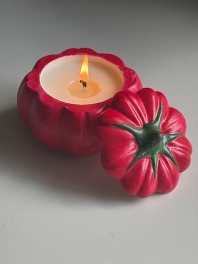 A lit candle in a red, tomato-shaped holder sits on a light gray surface. The candle has a visible flame and is partially melted. Beside the candle holder, the lid of the holder, also shaped like the top of a tomato with green stem details, is placed to the right. The background is a plain, light gray wall with a gradient shadow. There are no people or any discernible environmental context related to Aespa, Estonia.