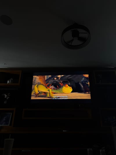 A wall-mounted television displays an animated scene of a dragon clinging to a wooden surface. The dragon is yellow and green with orange wings. The scene appears to be indoors. The wall to the left of the television is painted a dark color and features a circular, fan-like object and a small circular vent. The right side of the television is surrounded by what appears to be a dark wood structure with framed art and decorative objects. The setting is likely a home, possibly a living room or entertainment area. No indication of the location in Santa Ana Yancuitlalpan (Chilhuacán), Mexico is given by the image.