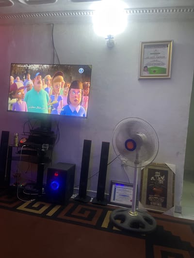 In the city of Kporva, Nigeria, a living room scene unfolds with a television displaying an animated movie, "The Addams Family," subtitled in Arabic. A floor fan stands to the right, its blades gently rotating. Adjacent to it, two framed certificates adorn the wall: one with a picture of an individual, and another with text. Below the television, a sound system with multiple speakers and a subwoofer is arranged. The room features a patterned carpet and is illuminated by overhead lighting. The overall ambiance suggests a cozy domestic setting.