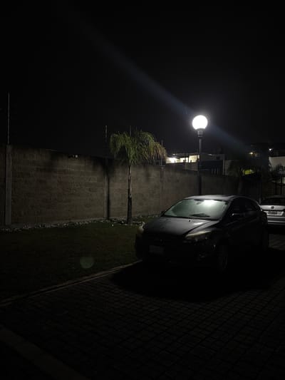 At night in Ocotlán, Mexico, a black car is parked next to a brick wall and a small palm tree, illuminated by a street lamp. Another car is partially visible in the background. The ground is a mix of brick paving, grass, and stone. The scene is dimly lit.