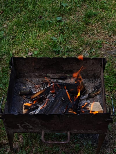 A metal grill box filled with burning wood is placed on a patch of green grass. The grill is rustic and appears to be made of corrugated metal, with some rust visible. Several logs are stacked inside, with bright orange flames licking at them and emitting smoke. The fire is the central focus of the image.
The background consists of an expanse of grass, with some fallen leaves and dry patches indicating it might be autumn or a drier period. The grass appears somewhat untamed, suggesting an outdoor, possibly natural, setting. There are no people visible in the image. The lighting suggests it is daytime, with no harsh shadows that would indicate midday sun; the overall lighting is soft. The scene conveys a sense of warmth and potentially the preparation for an outdoor meal or gathering, typical of a campsite or backyard barbecue. No visible text is present in the image. The location context of Sosny, Ukraine, implies this is likely a rural or suburban outdoor environment in that region.