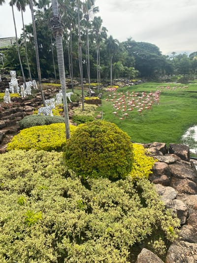 The image shows an outdoor exhibit at a zoo or park in Na Chom Thian, Thailand. In the foreground, there are rows of white and yellow foliage plants, along with large rocks. Behind these, a landscape features a rock garden with numerous white tiger statues, varying in size and pose, interspersed with greenery. Further in the background, a large flock of pink flamingo statues are arranged on a lush green lawn, with a body of water visible to the right. Tall palm trees and other dense green foliage form a backdrop. The sky is overcast.