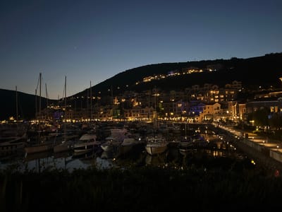 This is a wide-angle, nighttime photograph of a marina in Gošići, Montenegro. The sky is a deep, dark blue, fading to a lighter shade near the horizon, with a single bright star visible in the upper left quadrant. A line of lights illuminates buildings and houses nestled on a dark hillside that dominates the upper portion of the image. Below the hill, the marina is filled with numerous boats of various sizes, many with their masts visible. The lights from the buildings and along the waterfront reflect on the dark, calm water of the marina. A walkway lined with small lights runs along the edge of the marina. The foreground is mostly obscured by dark foliage, suggesting the vantage point is from behind a line of trees or bushes.