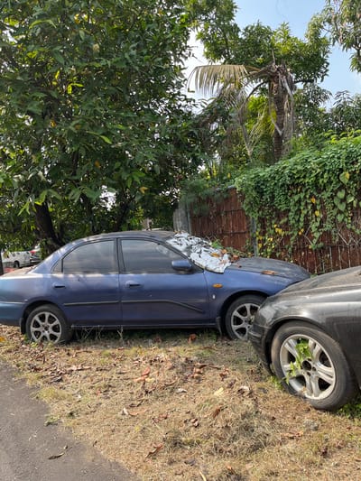 The image shows two parked cars on a dry, grassy area next to a road. The cars appear to be abandoned, with the front of the blue car covered by a tarp and fallen leaves. A rusty fence covered in ivy is visible behind the cars. Lush green trees, including a palm tree, surround the scene. The area appears to be in a rural or semi-rural setting. The presence of dried grass and fallen leaves suggests a dry season. No people are visible in the image. The location is identified as Kalitengah, Indonesia.