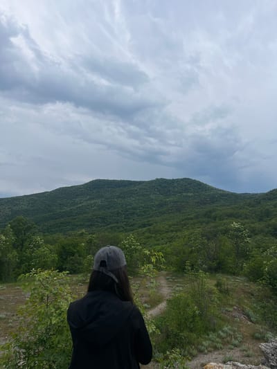 The photograph depicts a landscape featuring a person overlooking a lush, green mountain. The person, seen from the back, is wearing a dark jacket and a light-colored cap. The mountain is covered in dense vegetation. To the left of the mountain, the sky is visible, characterized by a mix of blue patches and cloudy formations. The foreground consists of more green vegetation, suggesting an elevated viewing point. The setting could be the region near Kamchia, Bulgaria, given the terrain and vegetation.