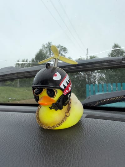 A car accessory, resembling a stylized yellow-green duck, is prominently displayed on the dashboard of a vehicle. The duck wears a black aviator-style helmet with goggles, featuring a red, white, and black shark mouth design on the front. A small yellow propeller is attached to the right side of the helmet. A gold-colored chain is draped around the duck's neck.

The accessory is positioned towards the lower left of the windshield, which shows an overcast sky and blurred green trees in the background. Water droplets are visible on the windshield, suggesting recent rain or damp conditions. The interior of the vehicle shows a dark, textured dashboard surface. The overall impression is a view from inside a car on a cloudy day. The scene is located in Kamennyi Kliuch, Russia. No visible text is present.
