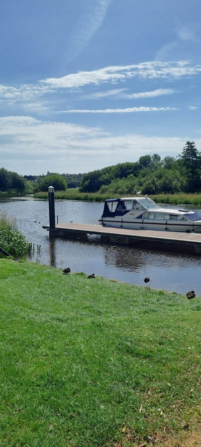 In Enniskillen, United Kingdom, a white and blue motor cruiser is docked at a wooden jetty on a wide river. The boat, with registration number "10334", has a covered seating area at the stern. The riverbank to the left of the jetty is lined with tall green reeds and lush grass. Several ducks are present: two are in the water near the reeds, and four are on the grassed bank in the foreground. In the background, a dense line of green trees borders the river. The sky above is blue with scattered white clouds. The scene captures a peaceful waterside setting on a sunny day.