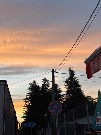 The image captures a sunset scene in Struino, Bulgaria. The sky is filled with streaks of orange and pink clouds against a pale blue backdrop. In the foreground, a tall light post stands to the left, topped with a lamp and a no-parking sign mounted on it. A blue directional sign with white text indicates "Dlazhko 3" to the left. Silhouetted against the sky are several evergreen trees. A white-paneled truck is partially visible on the far left, and a red Coca-Cola sign is angled from the upper right. A chain-link fence runs along the middle ground, with a green umbrella partially visible to the right. No people are clearly visible in the image. The overall impression is of an outdoor, possibly semi-industrial or commercial area at dusk.