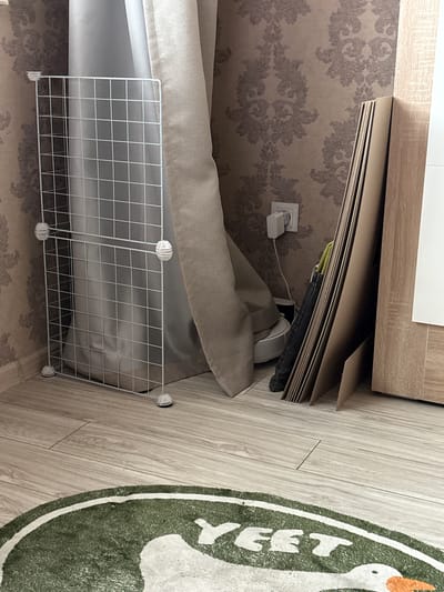 The image shows an indoor scene, likely a room in a home in Radkevshchina, Russia. The primary subjects are household objects. A stack of large, flat cardboard pieces is leaning against a wall with patterned wallpaper. To the right of the cardboard, a white electrical outlet is visible on the wall.
In the foreground, a large, neutral-colored fabric, possibly a blanket or curtain, is draped over an unseen object. A white wire grid enclosure, with small white connectors, is positioned in front of this fabric, suggesting it might be a barrier or part of a pet enclosure.
To the far right of the image, a circular rug with a green border and white design is partially visible. The design appears to be a cartoon-like goose with text that reads "YEET" in white capital letters. The flooring is light-colored wood laminate.
There is no indication of the time of day or weather. The overall impression is one of domestic clutter or organization, with the presence of the grid enclosure possibly hinting at the presence of a small pet. No people are visible in the image.