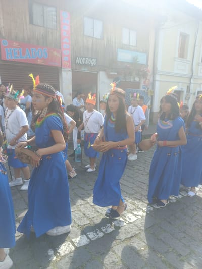 The image captures an outdoor street scene in Amaguaña, Ecuador, during what appears to be a cultural procession. The foreground features approximately five young individuals, primarily females, walking from left to right across a cobblestone street. They wear royal blue, sleeveless, ankle-length dresses with colorful, intricately beaded or embroidered round collars displaying rainbow hues. Each wears a multi-colored braided headband adorned with vibrant yellow, red, and blue feathers. Their hair is long and dark. The central figure has light blue markings on her cheeks and holds a light brown, bowl-shaped object, possibly a gourd, in both hands. Others in similar attire also hold these objects. Footwear varies, including white sneakers, dark flat shoes, and white flat shoes.
In the mid-ground and background, additional participants are visible. Several males wear white t-shirts, blue knee-length shorts or skirts, long beaded necklaces, and feathered headbands. One male carries a staff and another holds a plastic water bottle. A person in the background holds an open black umbrella. Spectators or other participants in casual clothing are also present.
The street is paved with dark grey cobblestones, showing light-colored marks and sparse green growth in the cracks. Strong sunlight from the upper right casts distinct shadows of the participants onto the pavement. Buildings line both sides of the street. On the left, a two-story building with horizontal wooden siding features two prominent signs: a pink and blue banner reading "HELADOS" (ice cream) with images of ice cream cones, and a black sign with white text displaying "HOT DOGS." Another building further right is light yellow with white architectural trim around its windows. Overhead wires are visible between buildings.