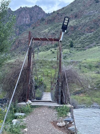 The image depicts a rustic suspension bridge spanning a fast-flowing, muddy river in the city of Kyzyl-Korgon, Kyrgyzstan. The bridge's wooden planks are worn, and its metal supports are weathered and rusted. Overgrown branches and vines create a dense, wild appearance on either side of the entrance to the bridge. A modern solar-powered street lamp is mounted on a metal pole near the entrance, contrasting with the otherwise aged structure. The background features a steep, rocky mountainside covered in sparse green vegetation and some scattered purple flowers. The sky is overcast, with scattered clouds. The overall scene conveys a sense of remote, untamed nature, with the bridge serving as a functional but somewhat precarious link across the river.