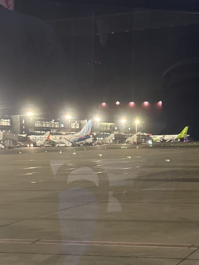 An outdoor, night-time, eye-level, medium shot shows a view of an airport tarmac through a window, with reflections on the glass. In the mid-ground, parked airplanes are visible. One airplane, white with orange and blue accents, displays the logo "duba" on its side. Another airplane, white with a bright green tail, is positioned to the right. The tarmac is marked with lines, and various lights illuminate the scene, including runway lights and building lights. In the foreground, a blurred reflection of a person wearing a light-colored garment is visible. The background features airport buildings and a dark night sky. The location is the Surcin Urban Municipality, Serbia.