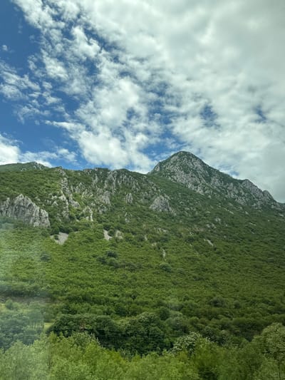 A low-angle shot captures a verdant mountainside under a cloudy blue sky. The mountain is covered in dense, green foliage, with patches of rocky outcrops visible on the upper slopes. The sky is a dynamic mix of bright blue patches and white, fluffy clouds, some of which are tinged with gray, suggesting a partly cloudy day. The bottom of the frame shows the tops of trees, hinting at the viewpoint being from a lower elevation, possibly a road or valley. The scene is natural and serene, depicting the rugged beauty of the Bosnian landscape in Donja Drežnica.