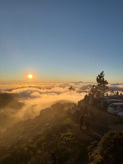 The image depicts a panoramic view at sunrise or sunset from a high-altitude viewpoint in the mountainous region of Tejeda, Gran Canaria, Spain. A bright golden sun is positioned low on the horizon in the left-center, casting a warm, golden glow over a vast "sea of clouds" filling the valleys below. The upper sky is clear blue, transitioning to orange and yellow near the horizon.

In the foreground, a rugged mountain ridge is covered with dense green scrub and scattered rocks. A paved path or viewing area, bordered by a low, dry-stone wall, winds along the ridge's edge on the right side. Approximately 20-30 individuals, many appearing as silhouettes, are gathered along this path and wall, observing the scenic vista and the sun. Their attire is casual outdoor clothing. Further down and to the left in the foreground, another person is partially visible, obscured by vegetation.

To the right of the viewing area, several light-colored passenger vehicles are parked in a lot behind the stone wall. A tall, dark pine tree stands prominently to the right of the parked cars, silhouetted against the sky and clouds. In the far distance, a faint silhouette of a large mountain peak, possibly Mount Teide, is visible above the cloud layer. The overall scene conveys a significant gathering observing a natural atmospheric phenomenon.