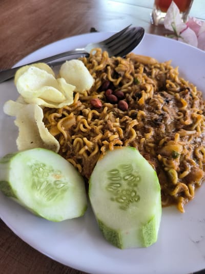 The image captures a plate of Mie Aceh, a spicy noodle dish from Aceh, Indonesia. The dish is served on a white plate, adorned with sliced cucumbers, melinjo chips, and peanuts. A fork and spoon rest on top of the noodles. In the background, a glass of iced tea and a sprig of bougainvillea are visible. The image was likely taken in Matang, Indonesia, given the specific mention of the city.