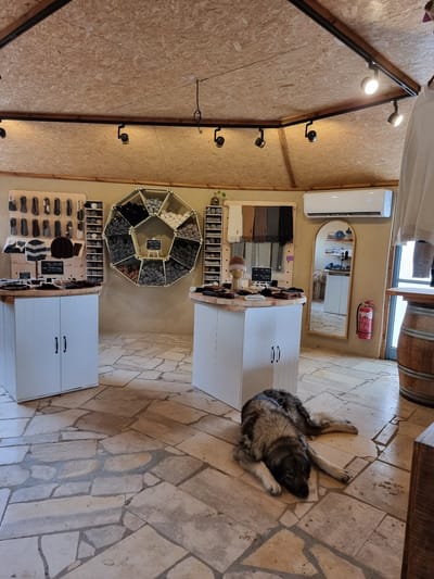 The image captures the interior of a retail shop in Mizpe Ramon, Israel. The floor is tiled with irregularly shaped, light-colored stones. A dog is lying on the floor near a white cabinet with two doors. Walls are made of light-colored plywood, and a mirror hangs on the wall. A fire extinguisher is visible near the mirror. A shelf holds various items arranged for sale, including yarn and hats. Lights are mounted on the wall.