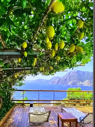 The image depicts a sunlit outdoor patio with a wooden deck, overlooking a body of water and distant mountains. Lush green foliage, heavy with ripe lemons, hangs from an overhead pergola, casting dappled shadows on the deck. Several lounge chairs and a small wooden table are arranged on the deck, suggesting a place for relaxation. The water appears calm, reflecting the clear blue sky. The mountains in the background are rugged and appear to be dotted with buildings. The scene evokes a sense of tranquility and natural beauty, possibly a vacation setting. However, there is no indication of the location being the city of Cahul, Moldova.