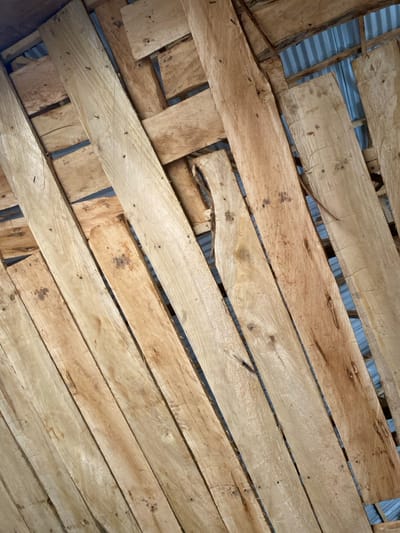 The image displays the underside of a roof or ceiling structure within a building in Okura, Nigeria. The primary subjects are multiple light-toned wooden planks, exhibiting natural grain, knots, and varying shades of tan to light brown. These planks, appearing roughly sawn with some irregular edges, are arranged in a diagonal pattern across the frame. Small dark fasteners, consistent with nails, are visible securing several of the planks. Gaps exist between many of the wooden planks, revealing sections of a light-colored, corrugated metal sheet beneath or above them, indicating the roofing material. No individuals, explicit actions, or other discernible objects are present in the depicted environment.