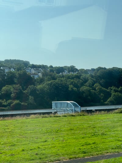 The image shows a scenic view of the River Foyle in Londonderry, United Kingdom. In the foreground, a vibrant green grassy field slopes gently towards the river. A dark pathway runs along the bottom edge of the frame.

Across the river, a densely wooded hillside is covered in lush green trees. Nestled within the trees are several white-roofed houses, indicative of a residential area. The river itself appears calm and reflects the pale blue sky.

Dominating the middle ground, partially obscuring the view of the riverbank, is a modern, white structure that appears to be a footbridge or part of a pedestrian walkway. Its distinctive arched design and latticed metalwork are clearly visible. The structure is set back from the foreground field and is bordered by a low stone wall and some dry grass.

The overall impression is one of tranquility and natural beauty, with the urban elements of the houses and the modern bridge integrated into the landscape. The sky is a clear, pale blue, suggesting good weather. The image seems to be taken from a slightly elevated perspective, possibly from a moving vehicle, given the slight blur in the foreground grass.