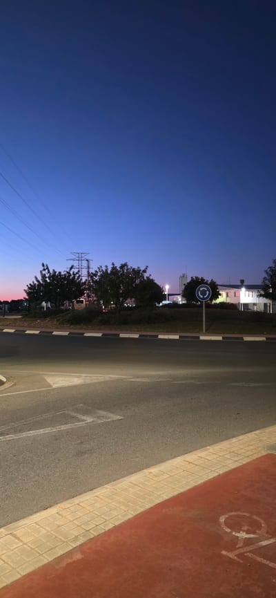 The image depicts a street in Sagunto, Spain, at dusk. The sky transitions from deep blue to a faint pink at the horizon. On the left side of the frame, trees line the road, and a roundabout sign is visible. Power lines extend into the distance. The right side of the image shows a paved road with a painted arrow and a red-colored bike lane. A tiled curb separates the road from the bike lane.