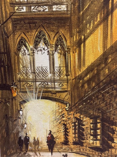 This is a close-up, textured painting, likely on canvas, depicting an interior scene with a muted, sepia-toned palette dominated by browns and golden yellows. The artwork focuses on architectural elements and hints of objects, with a strong emphasis on light and shadow.
In the foreground, three ornate, arched window-like structures are visible, each featuring intricate dark patterns against a lighter background. These elements suggest a Gothic or classical architectural style. Further back, the scene is divided by dark, angular beams that create a sense of depth and perspective, possibly representing the ceiling or upper structure of a room or hall. The lighting suggests a dimly lit environment, with shafts of golden light piercing through the shadows, creating a dramatic and atmospheric effect.
To the right, a few dark, indistinct shapes are present, one of which appears to be a small bird in flight, casting a shadow below. Other smaller, dark forms are also visible, possibly other birds or small objects. The texture of the canvas is evident throughout the painting, adding a tactile quality to the artwork.
The overall impression is one of quiet contemplation or a historical setting, possibly a church, library, or old building. The lack of human figures and the focus on the environment evoke a sense of stillness and perhaps melancholy or nostalgia. There is no visible text in the image.