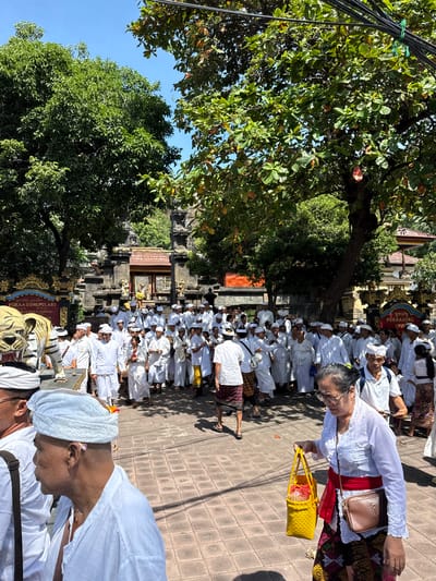 A long line of people dressed in white are walking on a paved path toward a stone building. The people are also wearing white headdresses. The path and stone building are surrounded by trees and vegetation. Some people are carrying yellow baskets. The building has a sign written in a foreign language. The location is in the city of Gerokgak, Indonesia.