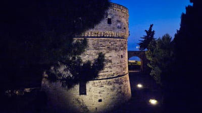 This image depicts a stone tower at dusk, with the sky a deep blue. The tower, constructed from rough-hewn stone blocks, has a cylindrical base and a crenellated top. Small, dark openings are visible in its facade. A large pine tree in the foreground partially obscures the left side of the tower, its branches casting shadows.
In the background, an arched stone structure, possibly a bridge or aqueduct, spans across a dark area. Beyond this arch, a silhouette of a tall, spiky tree stands against the twilight sky. The ground in front of the archway is illuminated by two soft, warm lights embedded in the earth. The overall scene evokes a sense of quiet historical grandeur and is set in Taranto, Italy. The time of day is clearly evening or twilight, and the weather appears calm and clear. No people or text are visible in the image.