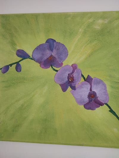 This is a photograph of a painting of a branch of purple orchids against a lime green background. The orchids are in various stages of bloom, with some buds still closed. The background is textured and appears to have a subtle gradient, with lighter yellow tones radiating from behind the flowers. The painting is framed by a white border at the top and bottom, suggesting it is a canvas on display. There are no people or explicit elements that would tie this image to a specific location in Денисово, Russia.
