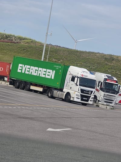 This is an outdoor, eye-level, slightly tilted, medium shot of several parked trucks on a paved surface, likely a port or industrial area. The scene is set during the daytime with clear skies and appears to be a sunny day. The background features a grassy, hilly area with a wind turbine visible in the distance, hinting at a coastal or open landscape.

The foreground is dominated by two large white trucks. The truck closest to the camera is a MAN truck, identifiable by the "MAN" logo on its cabin. It is hauling a large, bright green shipping container with "EVERGREEN" written in bold white letters across its side. Some smaller text and codes are also visible on the container. Behind the MAN truck is another white truck, a Volvo, with "PROMEX" written on its cabin.

A red shipping container is partially visible behind the green one, suggesting a collection of containers. The trucks appear to be stationary, possibly parked in a loading or waiting area. The paved surface has various lane markings, including white and yellow lines. The overall atmosphere is industrial and functional, common for a port environment. No people are visible in the frame. The visible text on the trucks and containers includes brand names and logistical information.