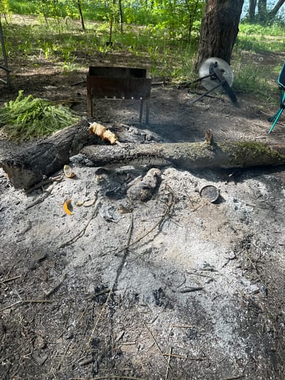 The image depicts a spent campfire site in a forest, presumably within the Юзуфоўскі сельскі Савет area of Belarus. The scene shows a fire pit area covered in ash, with remnants of burnt wood and discarded food items, including orange peels and bread. A metal grill stands near the fire pit. A metal bowl with a stand is seen near a tree to the left of the pit. The surroundings are typical forest ground with sparse vegetation and fallen branches. No people are visible.