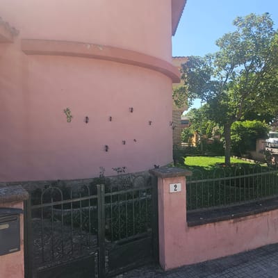 The image shows the exterior of a building in La Jonquera, Spain. The building has a pink facade adorned with decorative metal ants and a lizard. A wrought iron gate and fence surround a garden with green lawn and various plants and trees. A house number "2" is affixed to a pillar near the gate. The sky is blue and clear. A mailbox is attached to the left pillar.