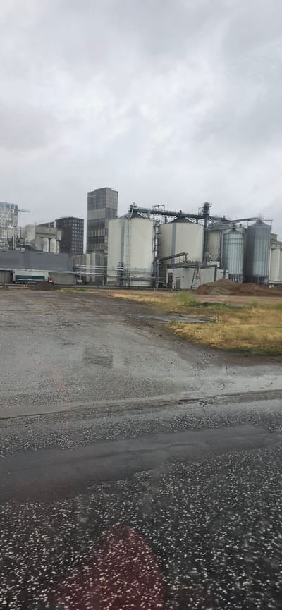 An exterior, horizontal, eye-level shot captures an industrial facility with tall silos and modern buildings under a cloudy, overcast sky. The foreground consists of a wet, paved area with puddles, indicative of recent rain. Beyond the pavement, a patch of dry, yellowing grass is visible. The main subject is the industrial complex, featuring numerous large, cylindrical silos, some smooth and white, others ribbed and metallic. Connected by a network of pipes and walkways, these silos are part of a larger manufacturing or storage facility. To the left of the silos, several modern, multi-story buildings with dark facades and large windows stand, one of which has a textured, patterned exterior. A truck with a white trailer and a red cab is parked to the left of the silos, near a low-rise building with a gray roof. In the far left background, a construction crane is visible. The overall impression is of a functional industrial zone in an urban setting. This industrial complex is located in the Aarhus Ø district of Aarhus, Denmark, specifically a facility belonging to Arla Foods Ingredients.