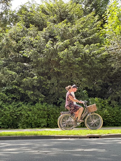 In Dronten, Netherlands, a couple rides a tandem bicycle on a road lined with trees and bushes. The man wears a baseball cap and a light-colored shirt, while the woman wears a floral dress. The bicycle has a basket on the front. The road is paved with a small strip of grass between the road and the bushes. Sunlight filters through the trees.