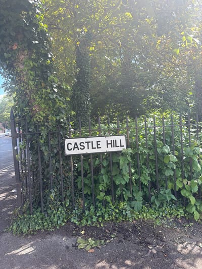 The image shows a street sign reading "CASTLE HILL" attached to a black metal fence. The fence is overgrown with green foliage, including ivy and other plants. The sidewalk runs along the right side of the fence, and trees and more foliage are visible on the left side. In the background, a street and cars can be seen. The location is Guildford, United Kingdom.