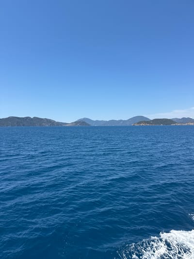 A wide-angle shot captures a serene seascape under a clear blue sky. The horizon is lined with a series of undulating, green-covered hills and mountains, stretching across the frame. The deep blue sea dominates the foreground and middle ground, with gentle waves creating subtle ripples and a frothy wake trailing from the right edge of the image, indicating movement. The scene is tranquil and natural, with no visible human structures or activities, suggesting a remote or natural coastal location.