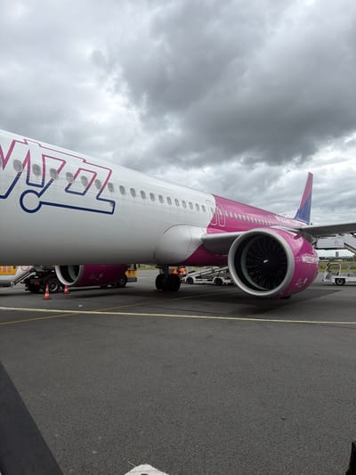 A Wizz Air Airbus aircraft is prominently featured, parked on an airport tarmac under a heavily overcast sky. The airplane displays its distinctive white fuselage with purple accents on the tail, engine nacelles, and a stylized "WIZZ" logo on the forward section of the fuselage.

The image is captured from a slightly elevated perspective, looking along the left side of the aircraft towards its rear. The large jet engine is visible beneath the wing, its fan blades clearly distinguishable within the engine's intake. The text "Wizz Air" and "wizzair.com" are inscribed in white on the purple engine cowling. Further back, the purple vertical stabilizer (tail fin) features "WIZZ AIR" written vertically. Numerous passenger windows line the aircraft's side.

On the ground, an airport jet bridge or mobile stairs is positioned near the aircraft's boarding door, and various ground support equipment, including what appears to be a fuel truck and other service vehicles, are visible near the plane's undercarriage and engine area. The tarmac is dark asphalt with yellow painted lines indicating boundaries or pathways. The sky is filled with thick, grey clouds, suggesting an overcast daytime.

The scene depicts typical ground operations around a parked commercial passenger jet at an airport, identified as being in Tillé, France, which corresponds to Beauvais-Tillé Airport.