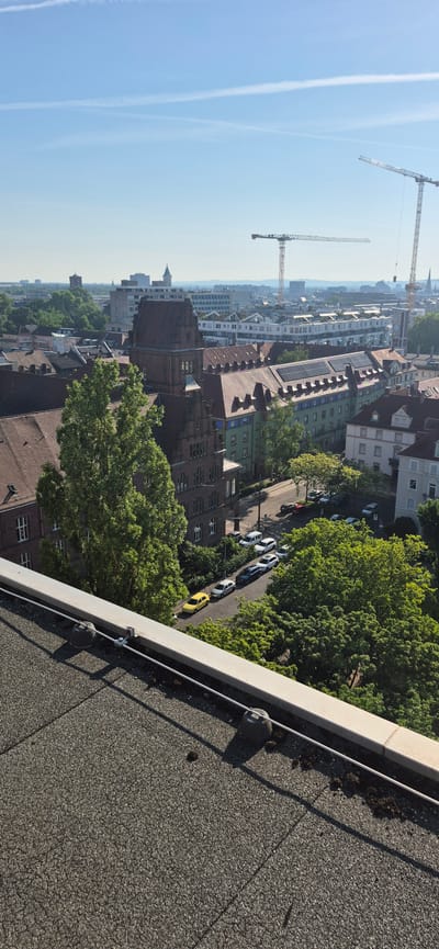 The image shows a cityscape with construction cranes visible in the distance. In the foreground, there is a rooftop with a grey, textured surface and some debris. Below the rooftop, a tree-lined street is visible with several parked cars. The buildings in the scene appear to be a mix of older, ornate structures and more modern buildings. The sky is clear and blue with some faint white clouds. Based on the distinctive red-tiled roofs and architectural style, this scene is likely located in the city of Karlsruhe, Germany, possibly in a residential or mixed-use area.