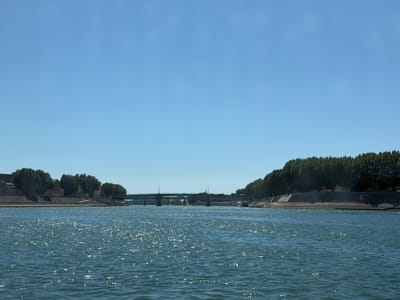A wide, calm river flows under a clear, bright blue sky. Sunlight glints off the choppy surface of the water, creating a shimmering effect. On the left bank, a line of trees and buildings is visible, with some structures appearing older, possibly historic architecture, and others more modern. A stone embankment lines the river. Further in the distance, a multi-span bridge crosses the river, with traffic visible on it. On the right bank, a dense line of trees forms a natural barrier, with a similar stone embankment along the river's edge. The scene suggests a pleasant, sunny day in a city situated on a river, likely in the afternoon given the bright sunlight and long shadows, though shadows are not explicitly visible. The location cues, such as the architecture and the bridge, suggest a European setting. There is no visible text in the image.