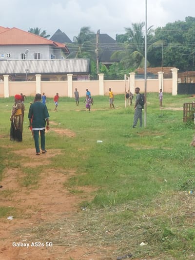 The image depicts an outdoor scene in Umudioka, Nigeria, featuring a group of people on a grassy field. In the foreground, two individuals are prominent: a woman in a colorful patterned dress and headwrap, and a man in a dark green traditional outfit. The man is walking away from the camera. In the background, several children and young adults are scattered across the field. Some appear to be playing or interacting with each other. Buildings with distinctive orange and grey roofs are visible in the distance, along with palm trees and other greenery, characteristic of the Nigerian landscape. A light pole stands near the center of the image. The ground is a mixture of grass and dirt paths. The overall atmosphere suggests a casual gathering or activity taking place in a residential area.