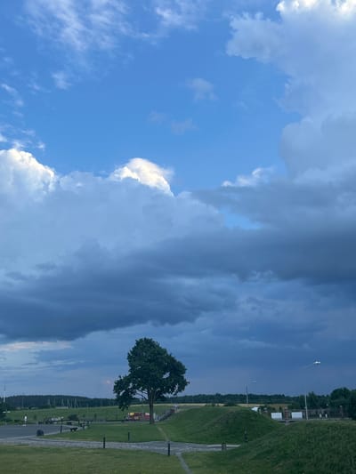 This image captures a landscape under a dramatic, cloud-filled sky, likely within the vicinity of Жухавіцкі сельскі Савет, Belarus. The foreground is a gently sloped, well-maintained grassy area with paved pathways and scattered lighting fixtures. Several benches are visible, suggesting a public park or memorial site. In the middle ground, a large, solitary tree stands prominently on a grassy mound. Beyond the tree, the terrain rolls into a treeline that forms the horizon, with various structures and possibly buildings barely discernible in the distance. The sky is a key feature, dominated by large, dark, and textured clouds that contrast with patches of brighter blue and lighter, wispy clouds. A single person can be seen walking on a path in the far left of the image. The overall impression is one of a serene, yet potentially moody, outdoor environment.