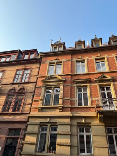 The image displays a forensic view of two adjacent multi-story residential or commercial buildings in Heidelberg, Germany, captured under a clear, bright blue sky with prominent sunlight from the right.

The structure on the right is characterized by a red brick facade punctuated by multiple white-framed windows, some featuring elaborate sand-colored stone surrounds. A single ornate wrought-iron balcony is affixed to the second floor, right side. The ground level presents a sand-colored stone facade with large windows, one of which contains several potted plants. The roof is a dark mansard style, equipped with four visible ornate dormer windows, each topped with a pointed finial, and a single white chimney stack.

The adjacent building on the left exhibits a yellow-brown brick facade with red-brown stone trim, including brown-framed windows, some with arched keystones. Its roof is also a dark mansard style with visible dormer windows. A portion of a dark entrance door bearing the numerical marker '8' is visible at the lower left of the frame. No individuals are present in the scene.