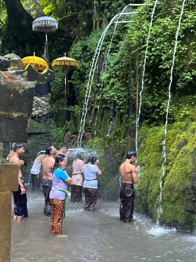 In Bangli, Indonesia, within a lush, green natural setting, a group of people are participating in a cleansing ritual under a series of small waterfalls. The water cascades down a moss-covered rock face, forming a shallow pool where individuals stand.
Several individuals are visible in the water. On the left, a man in dark pants is partially submerged. To his right, another man wears a white tank top and dark pants. Behind them, a person in a white tank top and dark patterned pants stands. A woman in a blue top and a patterned skirt is in the center, with her hands near her face. Next to her, a person in a light brown tunic and patterned skirt stands, also with hands near their face. Another individual in a white tunic and patterned skirt is further to the right, also with hands near their face. A man in dark patterned pants is on the far right, with his hands clasped in front of him as water falls on him.
In the background, traditional Balinese umbrellas are displayed, with two golden umbrellas and one white umbrella visible amongst the dense greenery. The environment is characterized by abundant vegetation, with trees and vines creating a natural canopy. The overall scene depicts a spiritual or cultural practice taking place in a serene, natural environment.