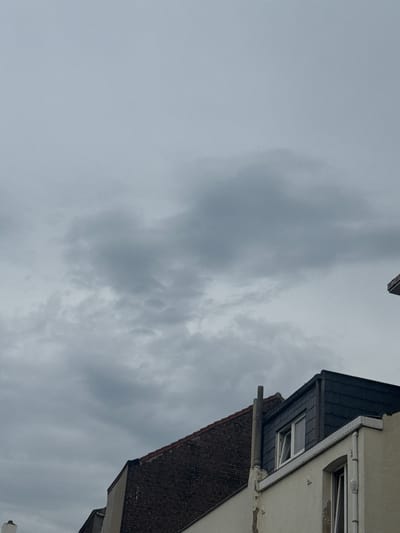 A view looking up at a cloudy, overcast sky and the upper portions of buildings in Molenbeek-Saint-Jean - Sint-Jans-Molenbeek, Belgium. The sky is a uniform gray with some subtle variations in cloud density. In the foreground, the dark red brick facade of a building is visible, topped with a steeply pitched roof covered in dark gray shingles. Adjacent to this building, the lighter colored facade of another building is present, with a white rain gutter running vertically down its side. Two windows are visible on this second building; one is a dormer window with a white frame, and the other is a larger window on the lower floor with a white frame. A section of a chimney pipe is visible on the left side of the image, rising from behind the brick building.